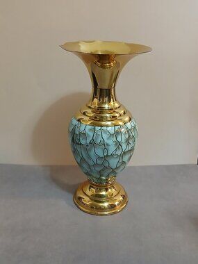 Mid-Century Delft Holland Brass with Turquoise Marbled Finish-Vase